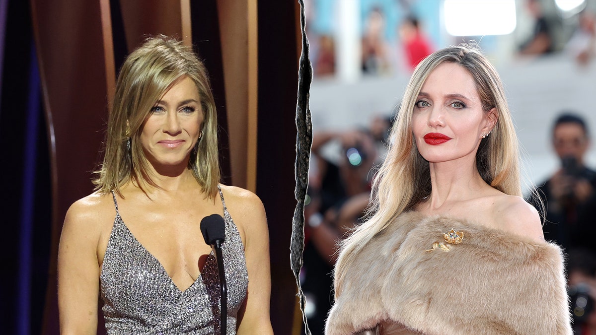 Jennifer Aniston speaks onstage at the 30th Annual SAG Awards in Los Angeles; Angelina Jolie walks the red carpet at the Venice International Film Festival.