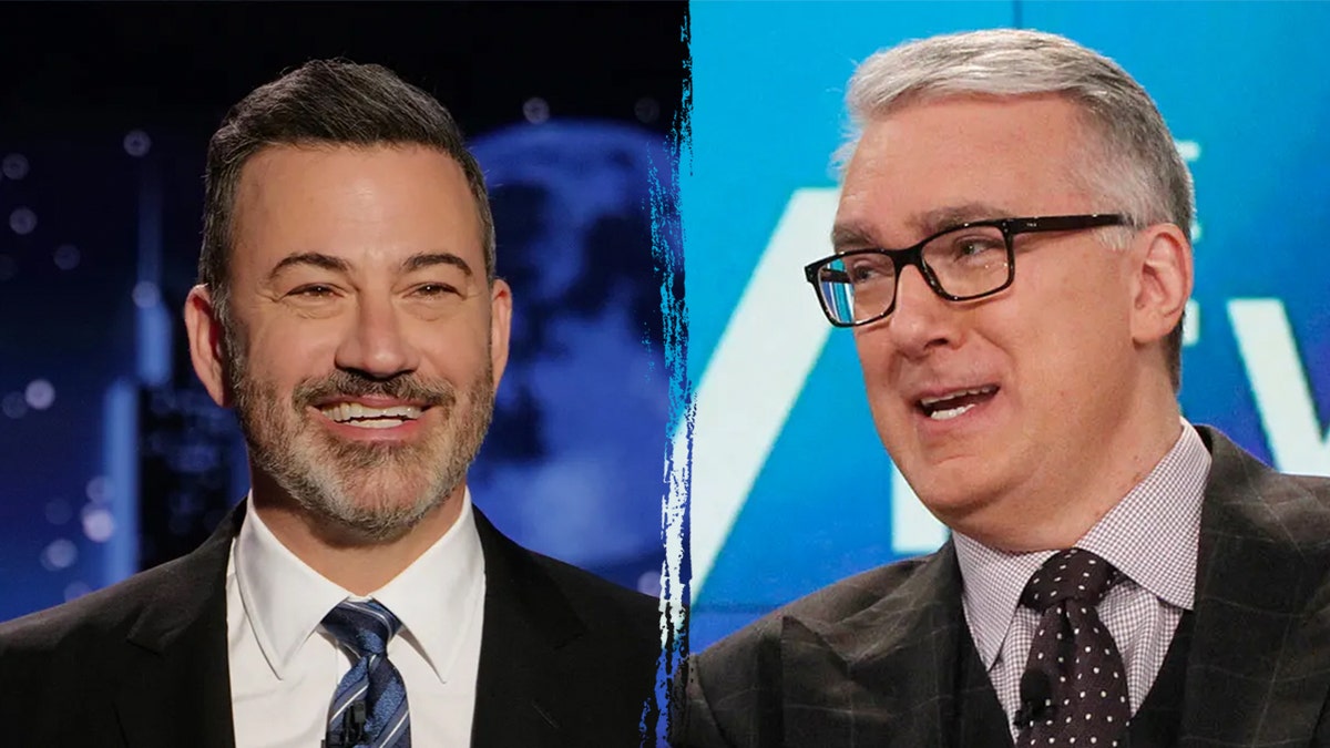 Late night host Jimmy Kimmel appears in a split photo with former ESPN host Keith Olbermann.