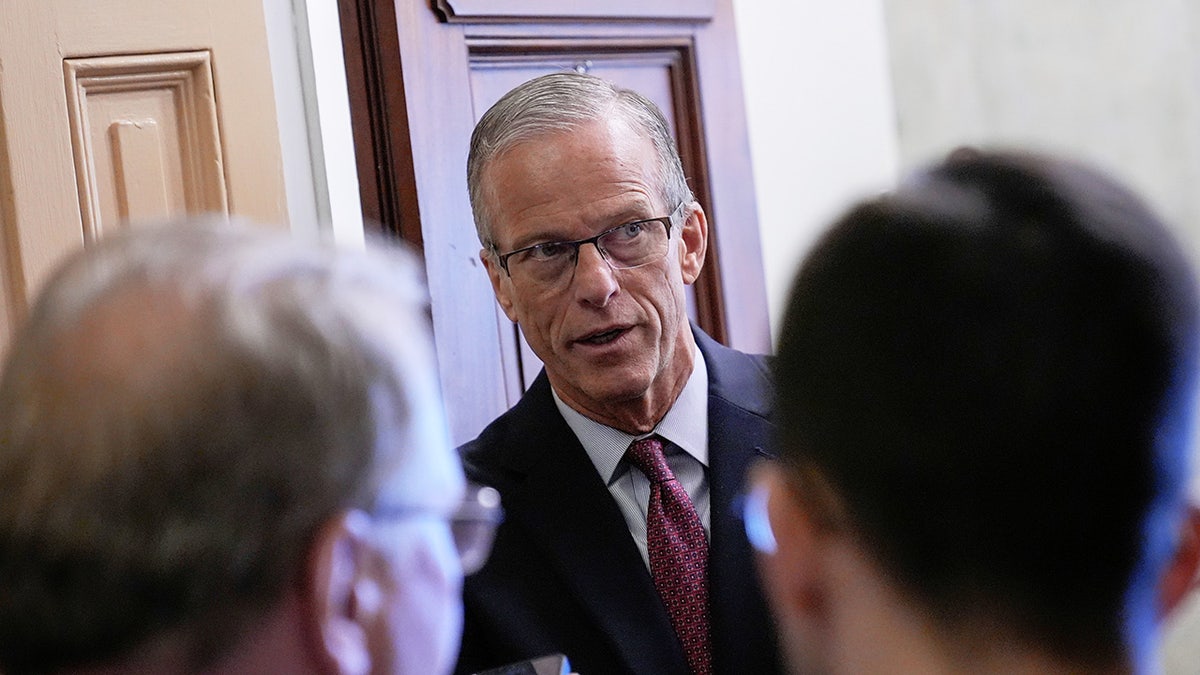約翰·圖恩（John Thune）與記者交談。