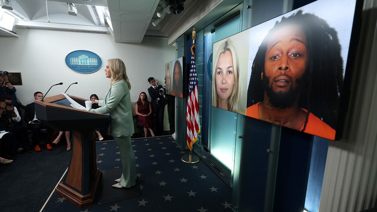 White House Press Secretary Karoline Leavitt talked about the killing of Ukrainian refugee Erina Zaruska (R) at a daily press conference held in the White House Brady press conference room in Washington, DC on September 9, 2025.