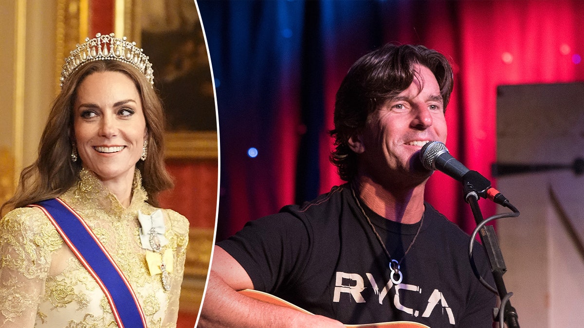 Split photo of Catherine, Princess of Wales, attends a State Banquet at Windsor Castle; Brett James performs live.