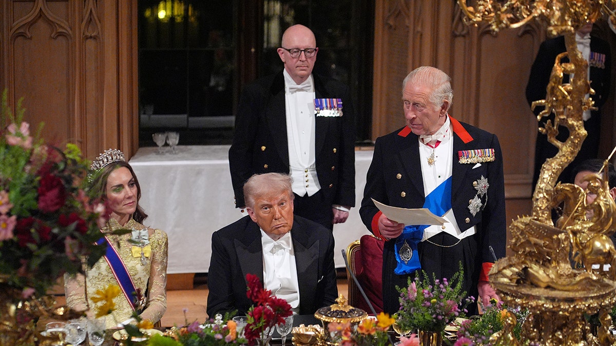 King Charles giving a speech as Kate Middleton and Donald Trump look on.