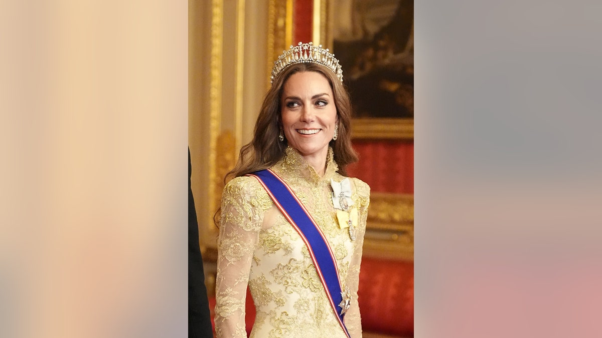 A close-up of Kate Middleton's tiara.