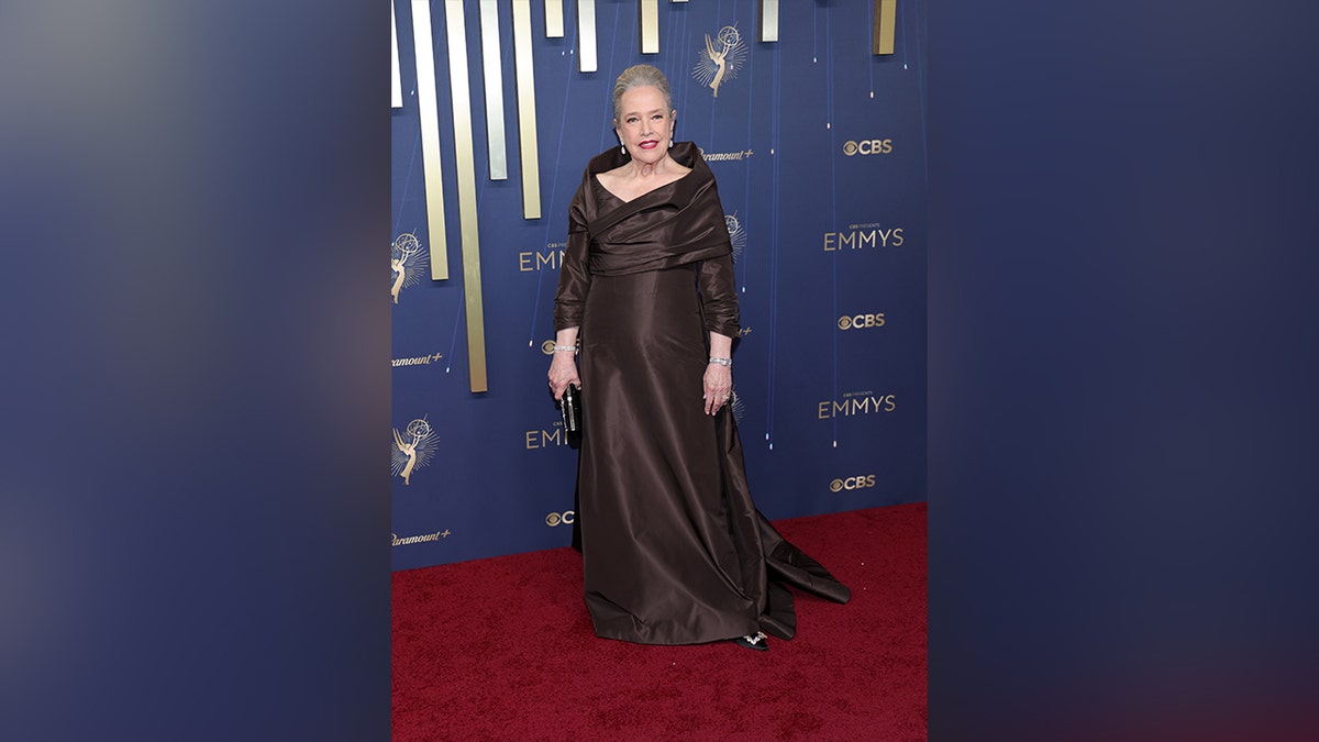 Kathy Bates in a brown dress at the 2025 Emmy Awards.