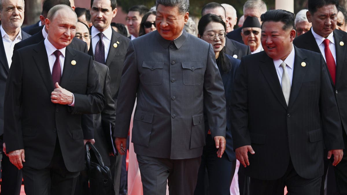 Front from left, Russian President Vladimir Putin, Chinese President Xi Jinping and North Korean leader Kim Jong Un arrive at a military parade to commemorate the 80th anniversary of Japan's World War II surrender in Beijing, China, Wednesday, Sept. 3, 2025.