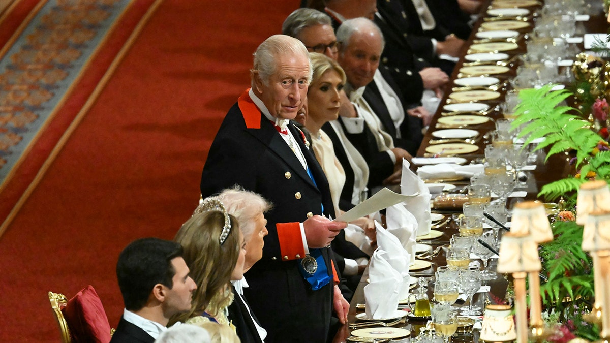 King Charles giving a speech at the state banquet.