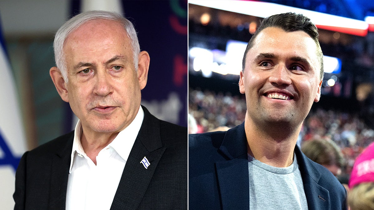 Israeli Prime Minister Benjamin Netanyahu, left, Turning Point USA founder Charlie Kirk, right