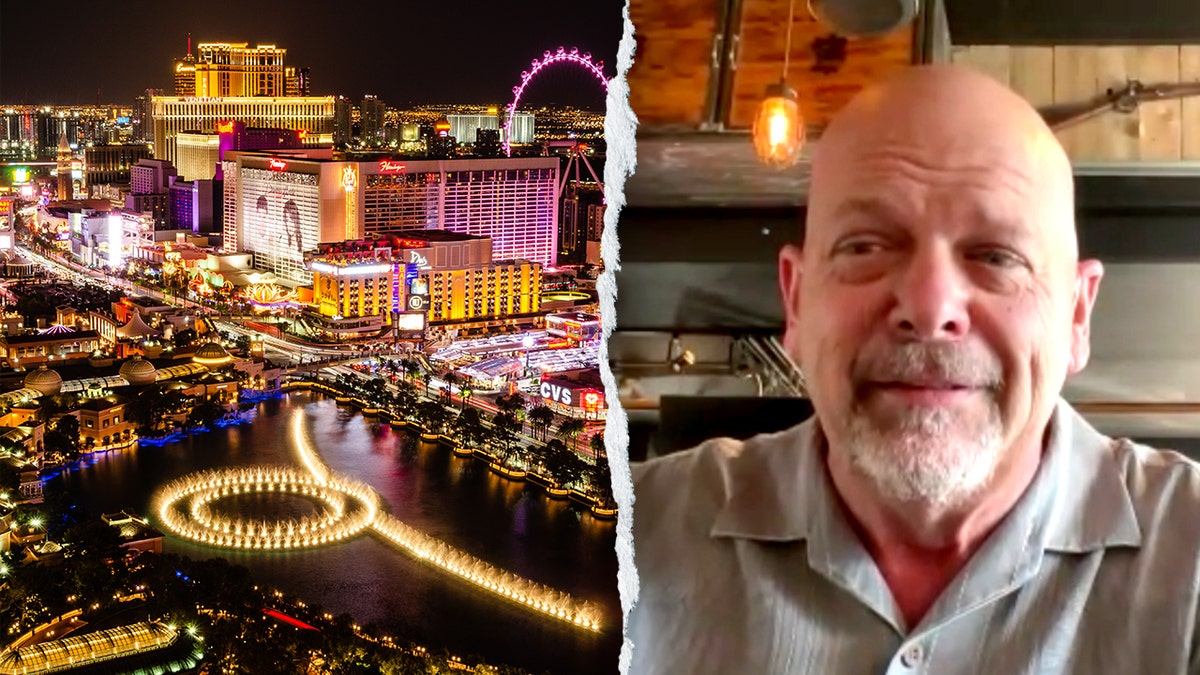 A nighttime view of Las Vegas, left, and "Pawn Stars" boss Rick Harrison.