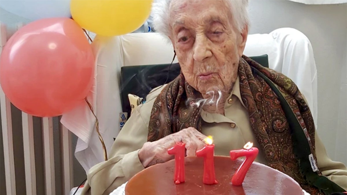 Maria Branyas Morera, an American-Catalan supercentenarian , blowing out candles on her 117th birthday cake