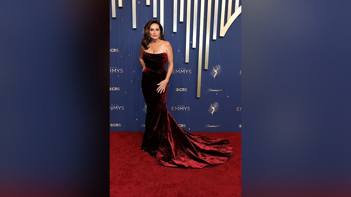 Mariska Hargitay in a red dress at the 2025 Emmy Awards.