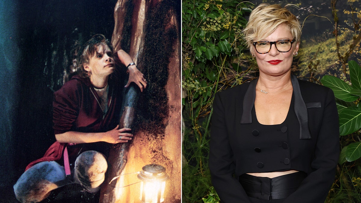 A split of Martha Plimpton in "The Goonies" and her at the premiere of "task" in 2025.