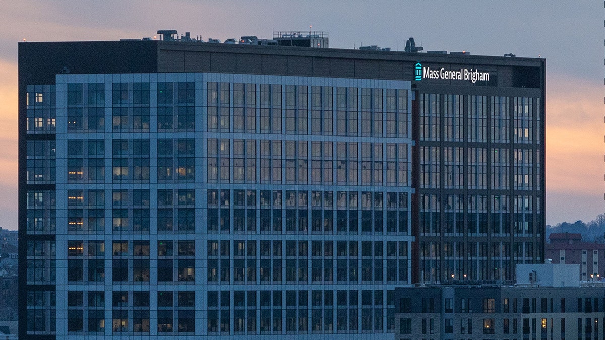 Mass General Brigham hospital headquarters building seen at sunset