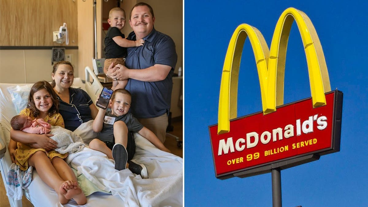A mother, father and their four children pose for a picture in a hospital, left. The McDonald's arches are shown on a sign for the fast-food restaurant, right.