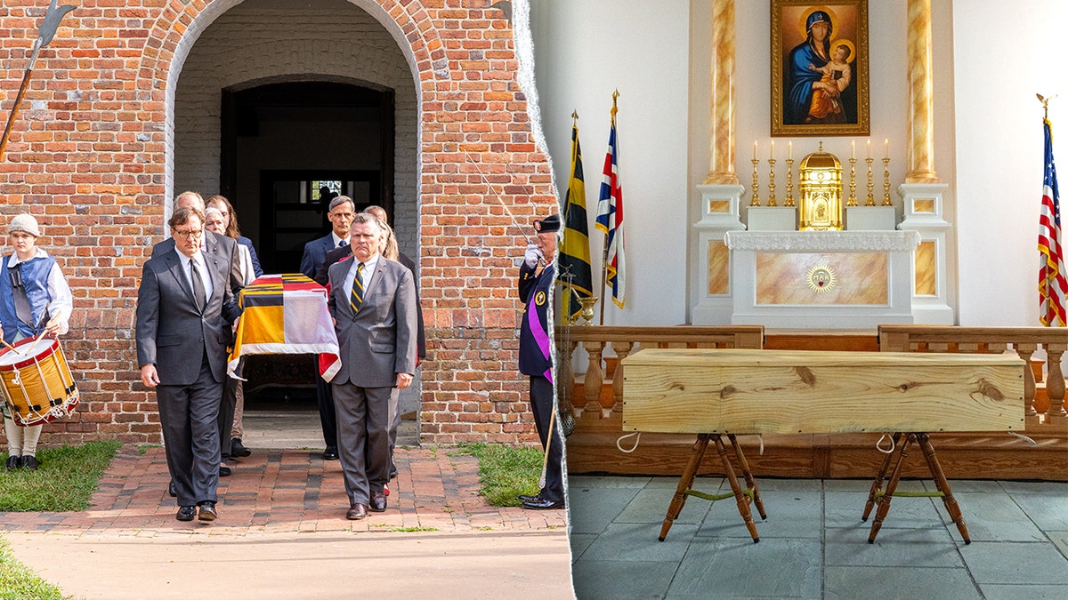 Split image of coffin being carried, coffin at altar