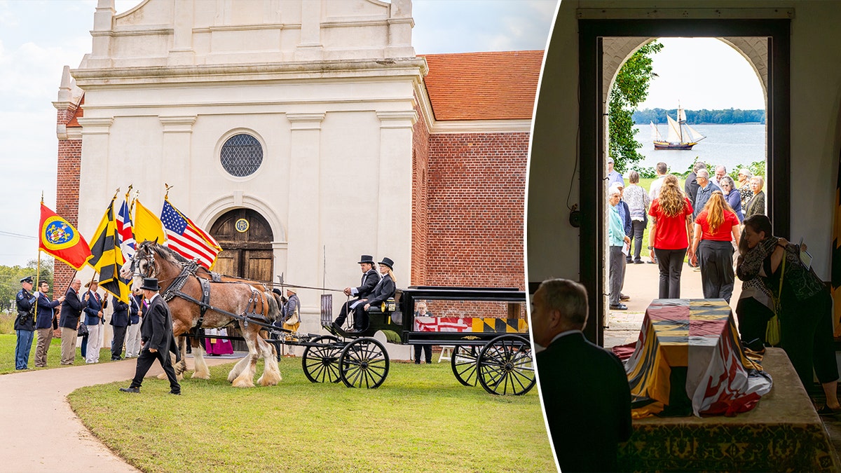 Clydesdale horses outside chapel next to image of coffin in entryway