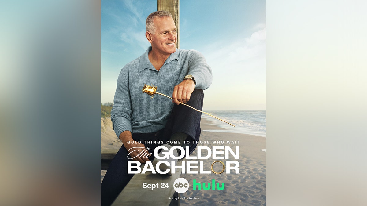Mel Owens holding a golden rose on promotional artwork for The Golden Bachelor.