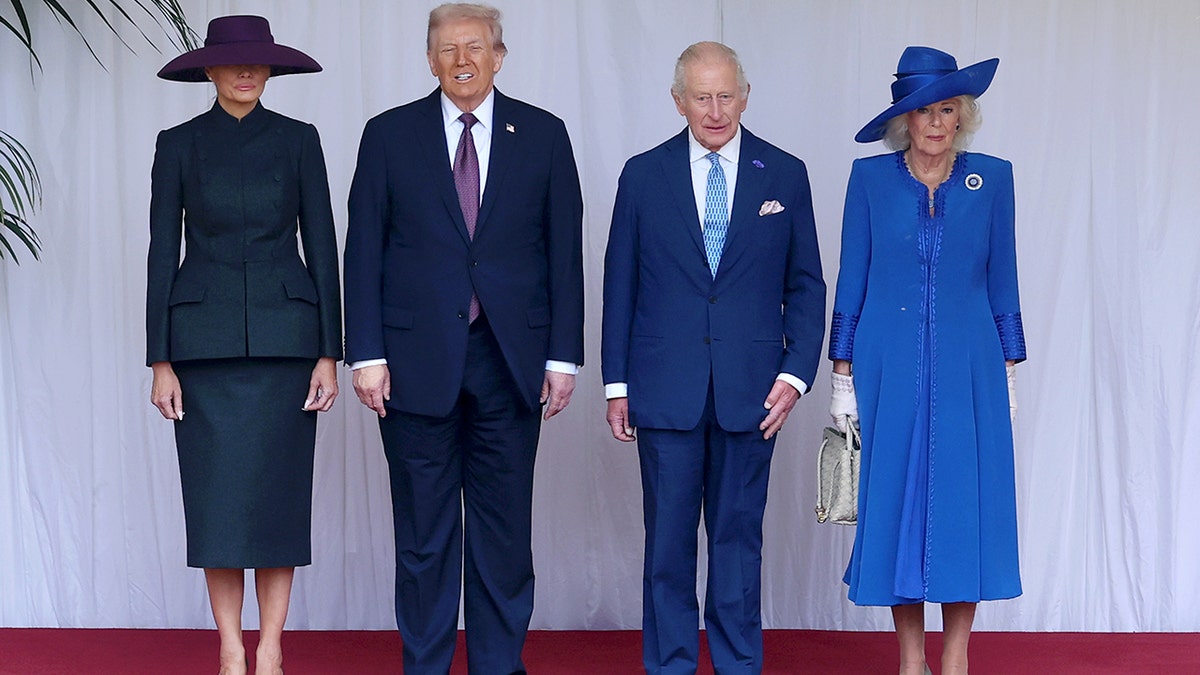President Trump and Melania standing next to King Charles and Queen Camilla.