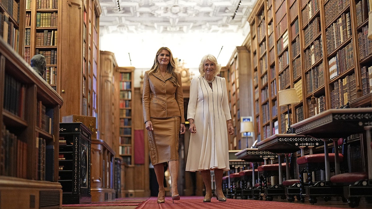 Melania Trump and Queen Camilla on a tour of the Royal Library.