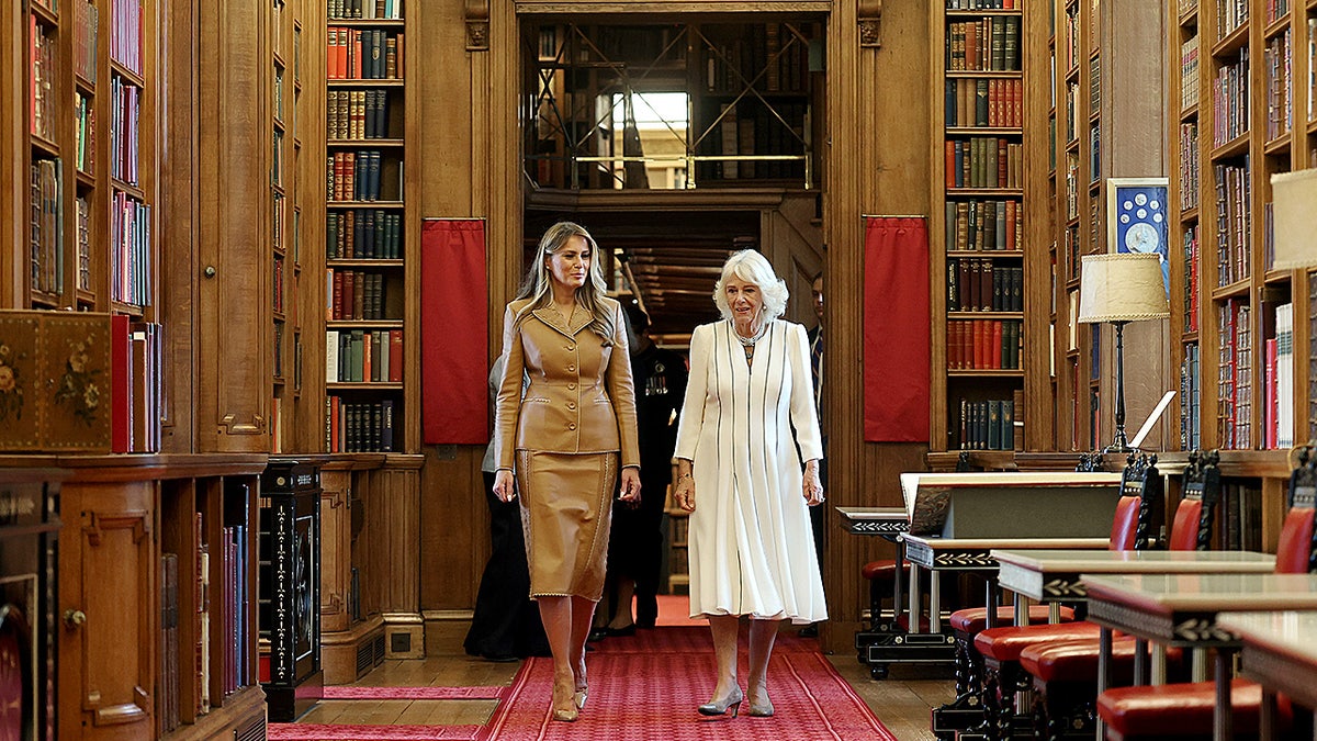 Melania Trump, Queen Camilla walking through museum