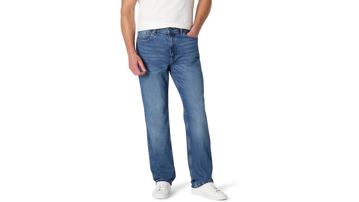 Stay comfortable with a pair of relaxed-fit jeans.