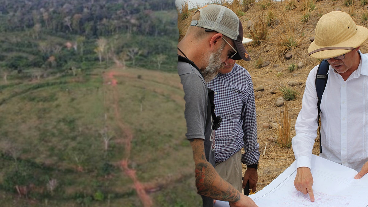 Image of geoglyph next to Pierce and Bodine in field