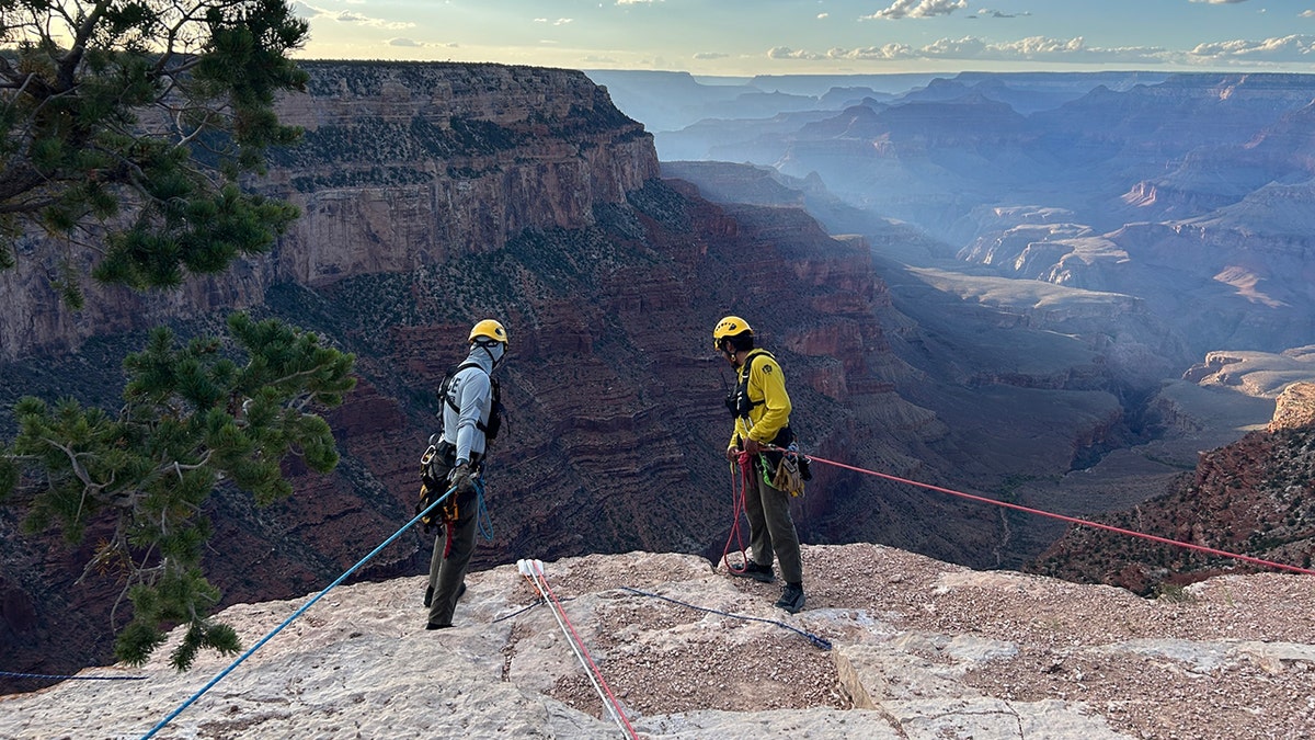 rangers peering over edge of rim