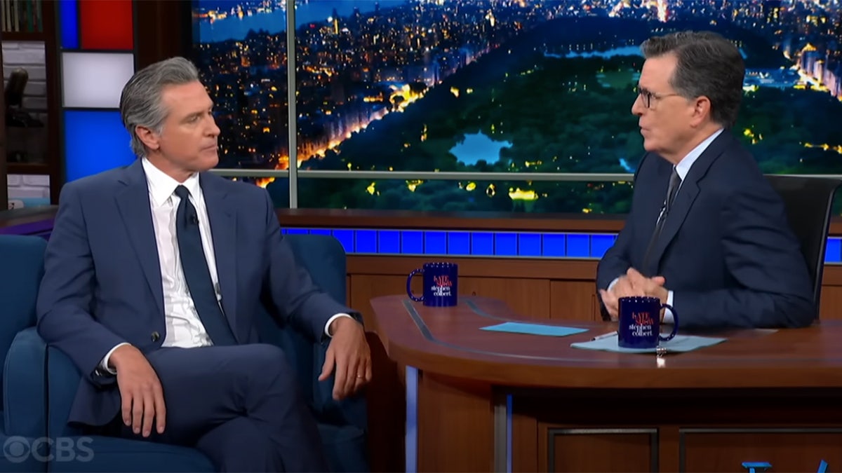 Newsom on "The Late Show with Stephen Colbert."
