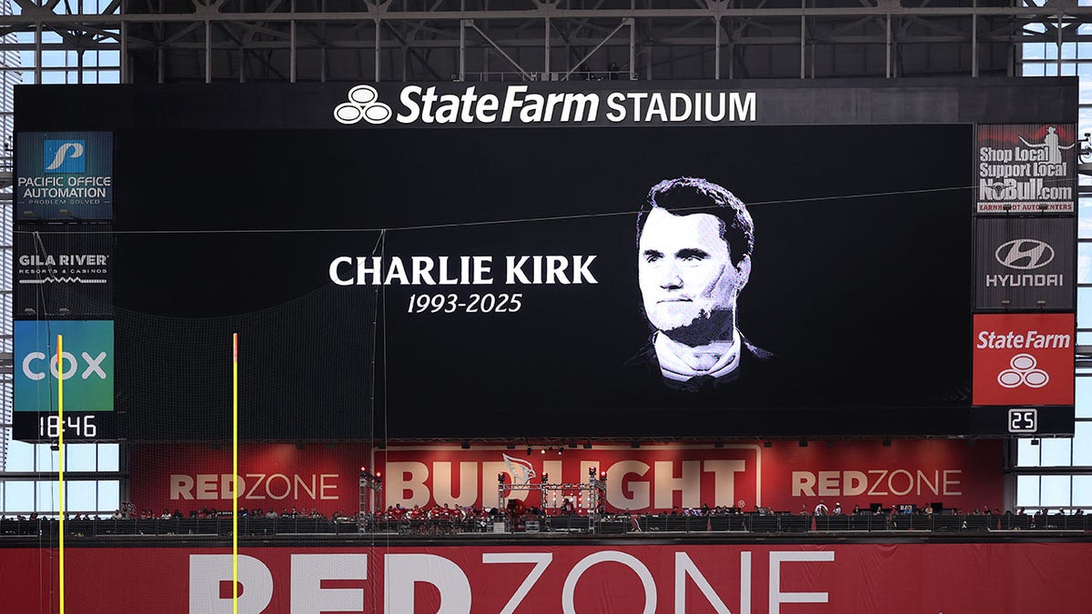 The Video Committee pays tribute to Charlie Kirk ahead of the Carolina Panthers and Arizona Cardinals game on September 14, 2025 in Glendale, Arizona.
