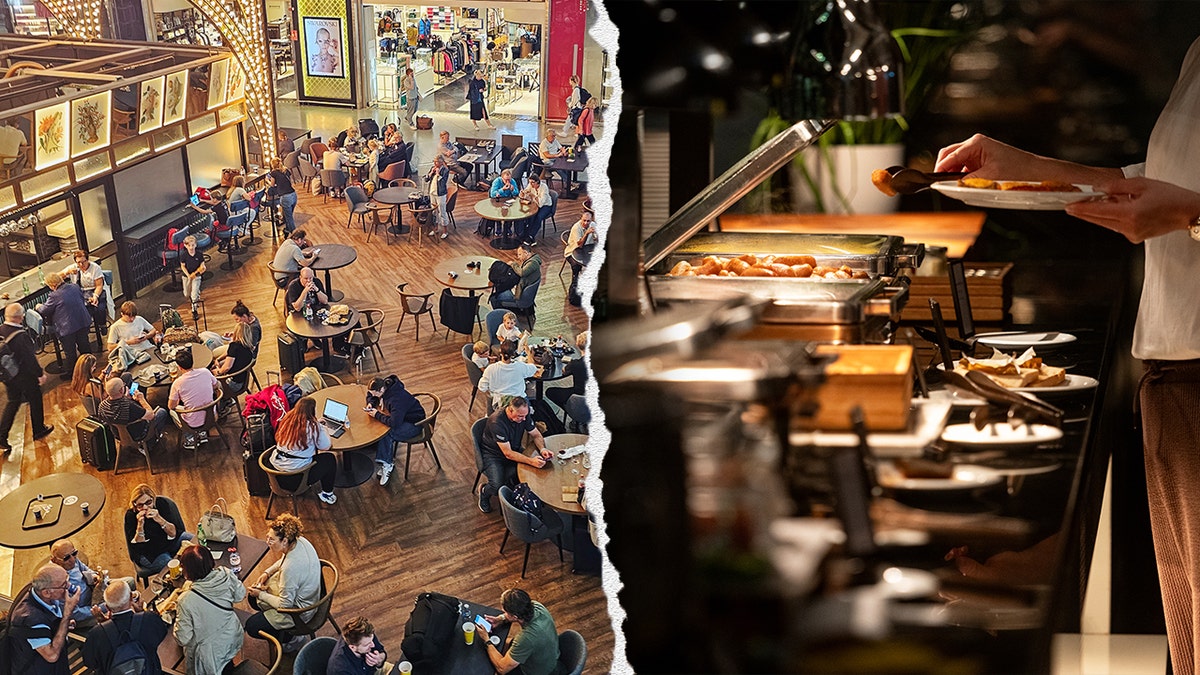 Split image of food court, buffet