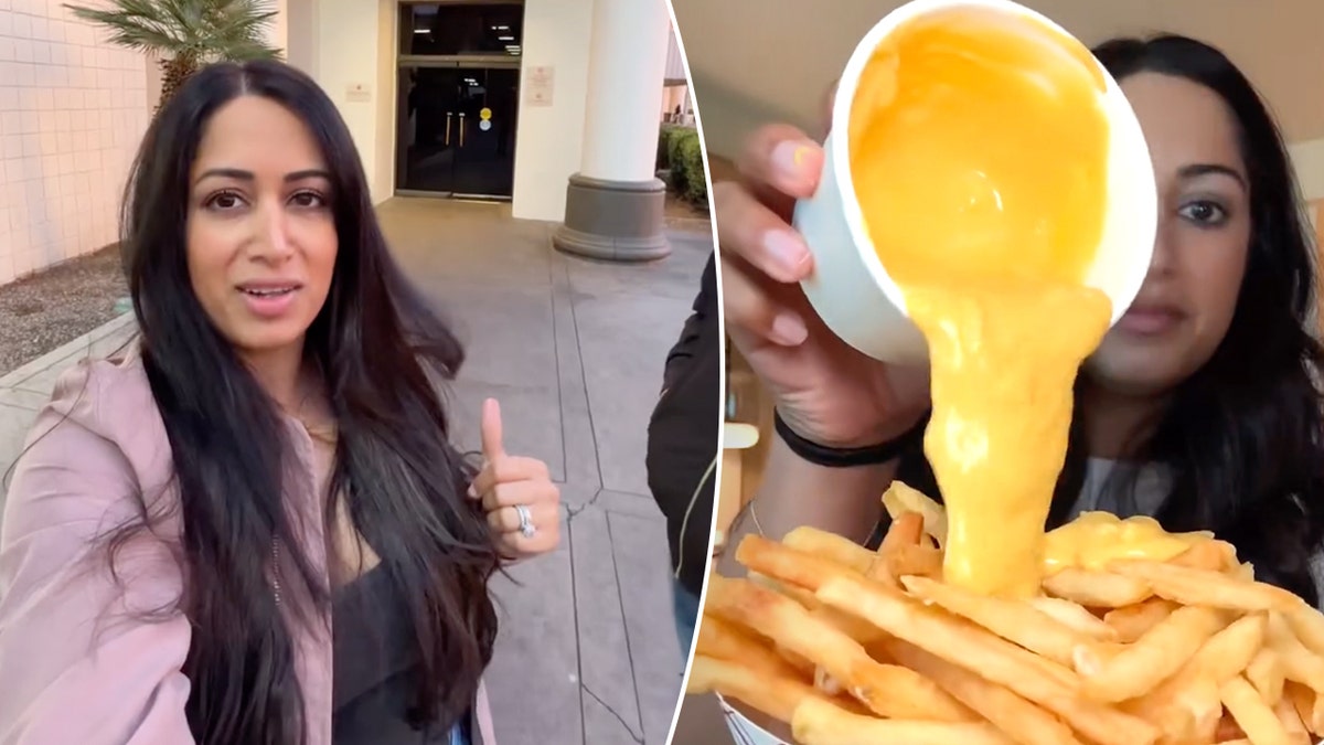 Split image of Samiya Jakubowicz, Samiya Jakubowicz pouring cheese on fries