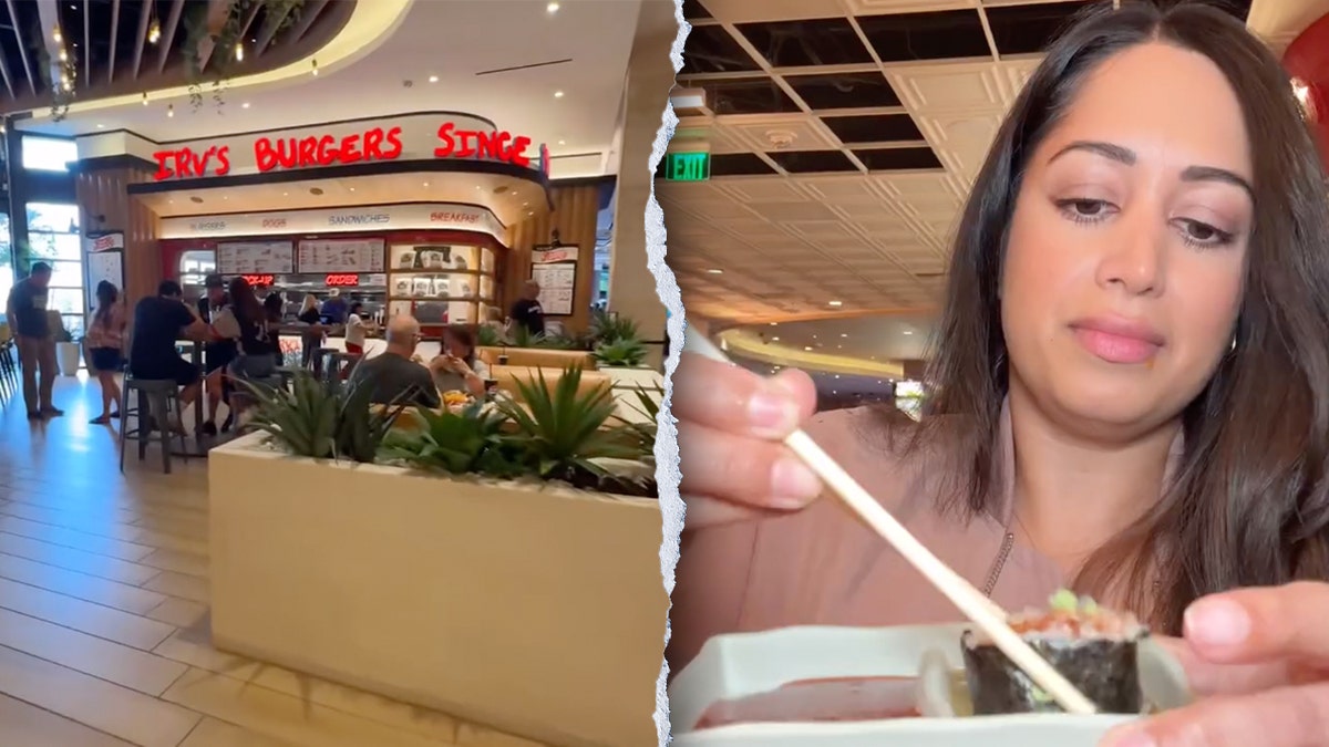 Split image of food court, Samiya Jakubowicz eating sushi