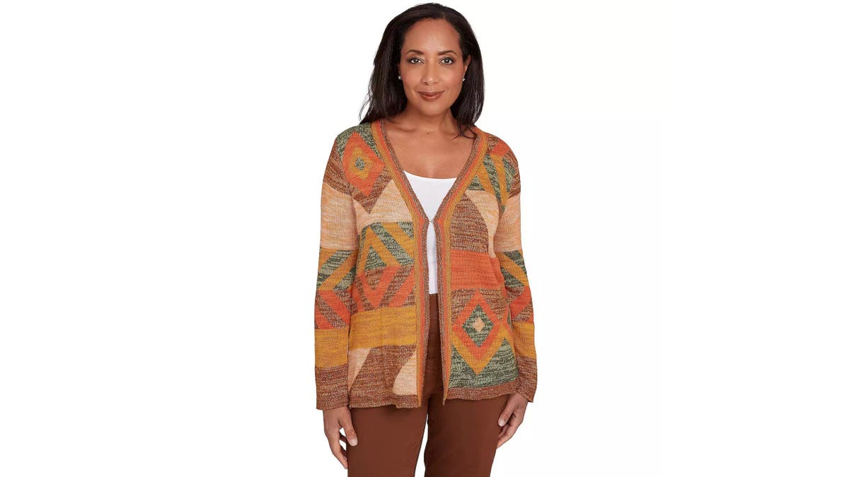 This patchwork cardigan is perfect for layering.