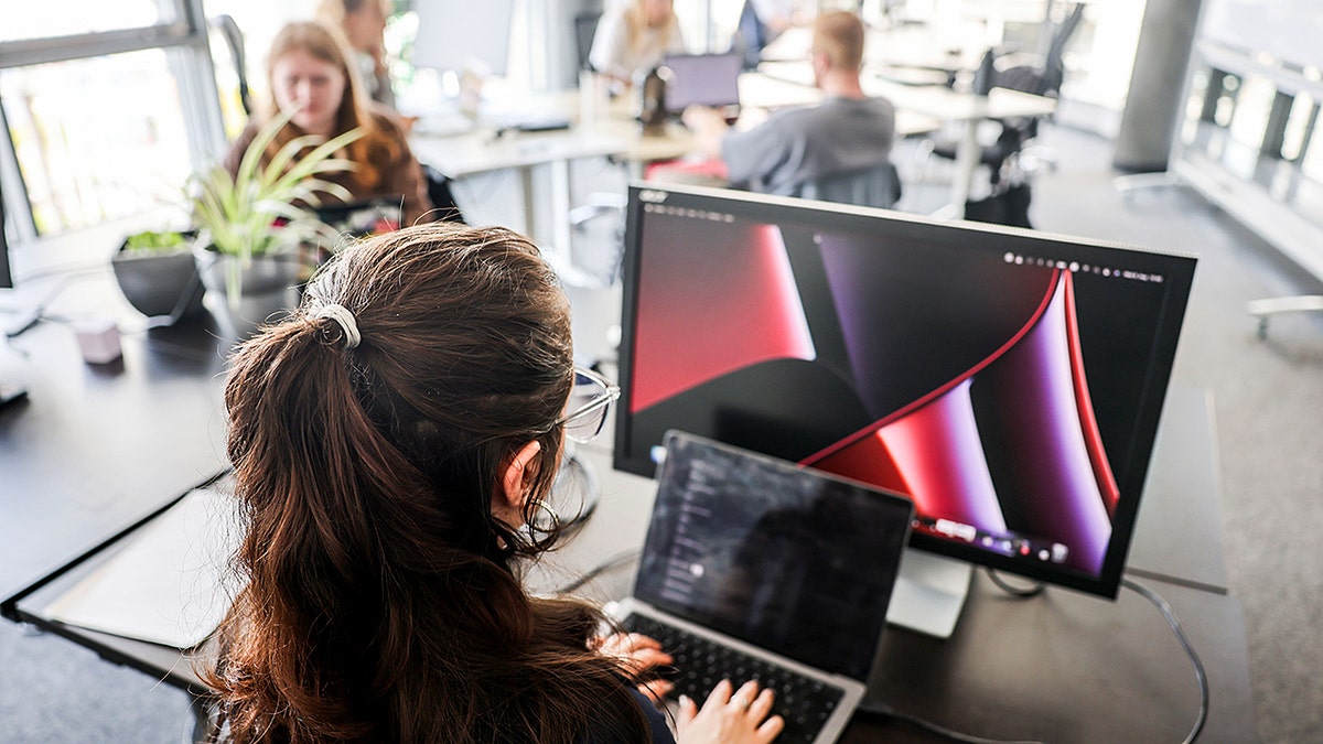 A person on a computer in an office