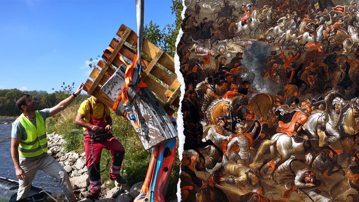 Split image of excavation and Battle of Warsaw painting depicting Swedish deluge