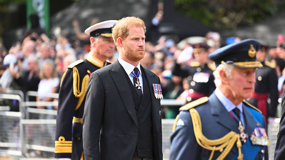 King Charles in uniform marching in front of Prince Harry who is somber and wearing a dark suit.