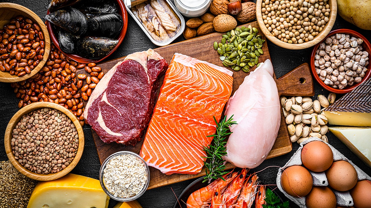 Overhead view of a large group of foods with high content of healthy proteins, including salmon, beef, chicken breast, eggs, yogurt, mussels, chickpeas, pistachios, cheese, brown lentils, beans, shrimps, canned fish, pumpkin seeds, soybeans and others, which can help build muscle and strengthen hair.