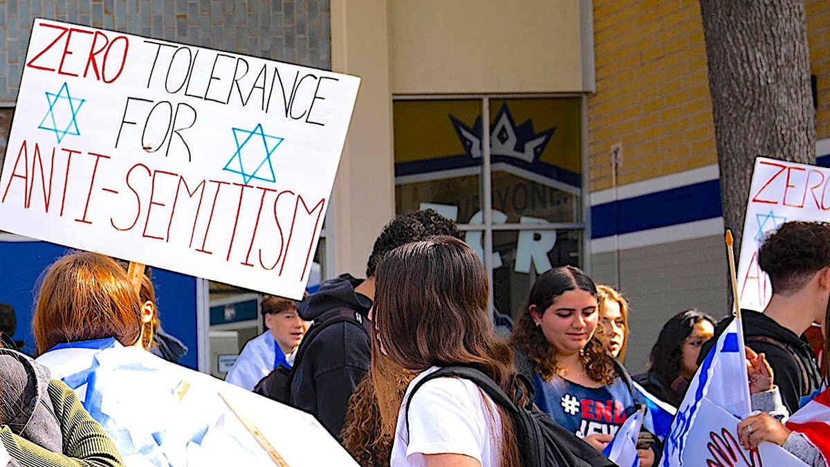 Jewish students at El Camino Real Charter High School during a walkout protesting antisemitic incidents at the Woodland Hills school on Tuesday, Feb. 2024.