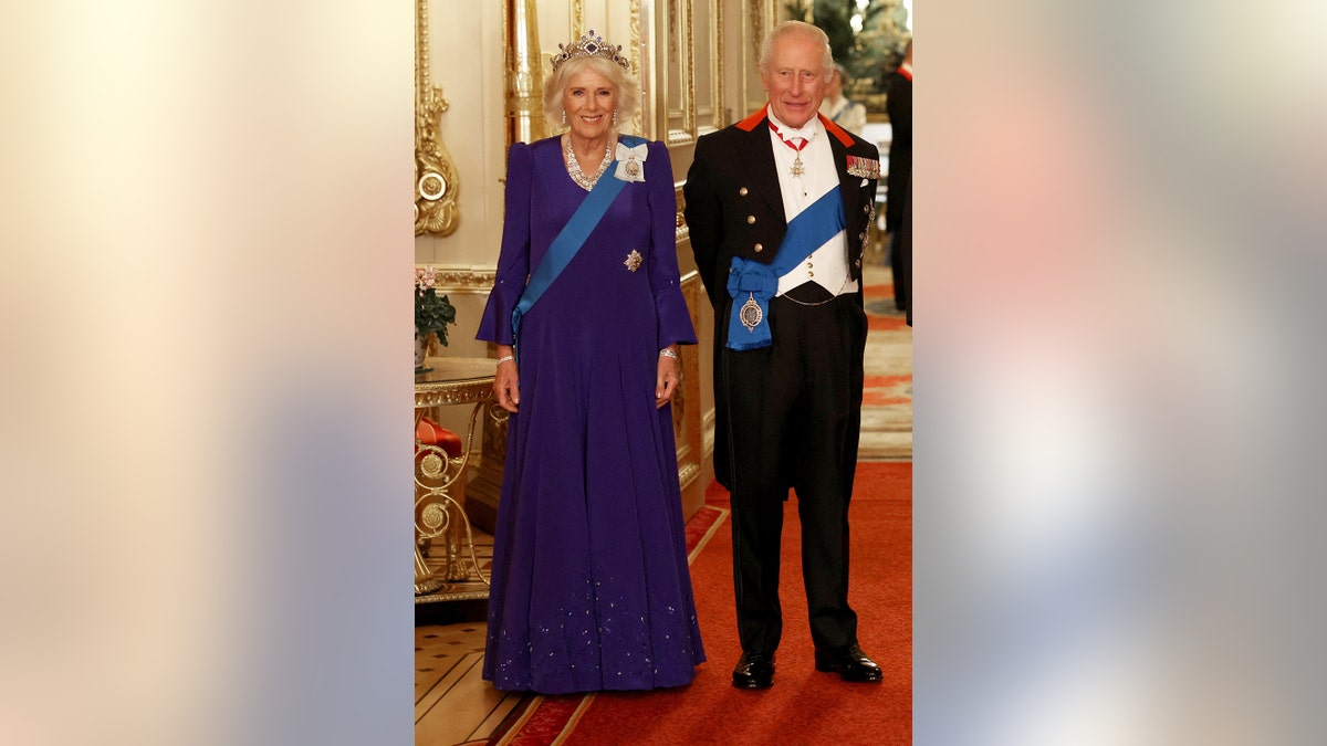 King Charles and Queen Camilla standing together at the state banquet.