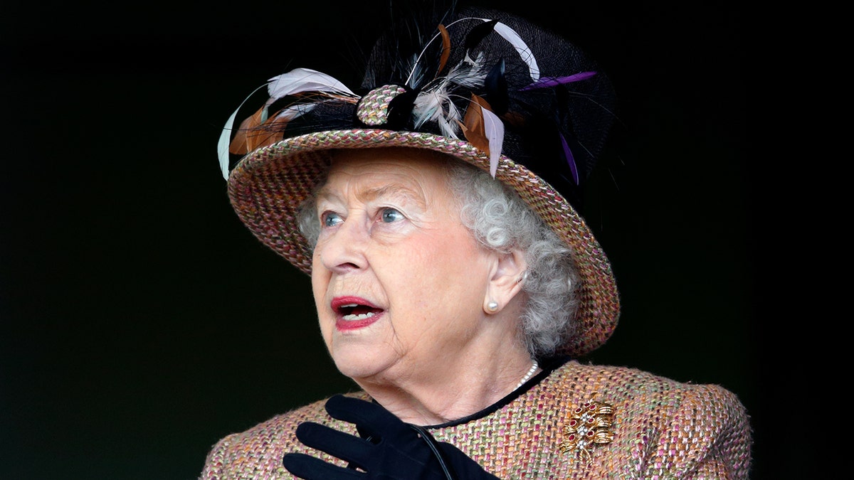 Queen Elizabeth looking surprised in a brown coat dress with a matching hat.