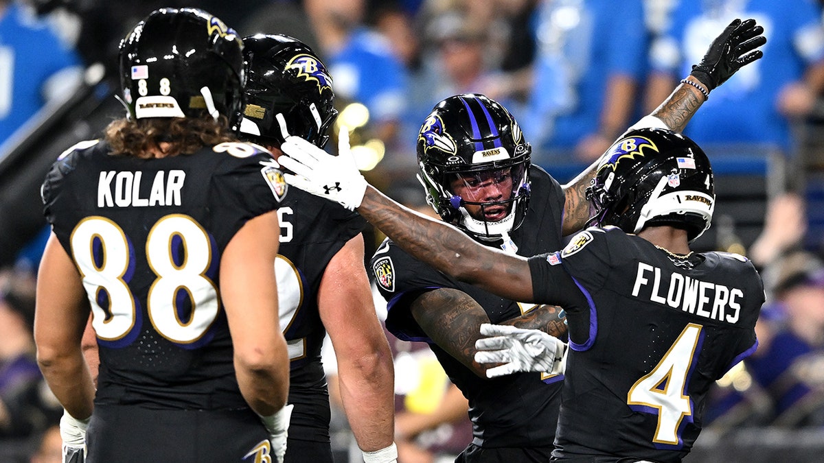 Ravens celebrate touchdown by Rashod Bateman