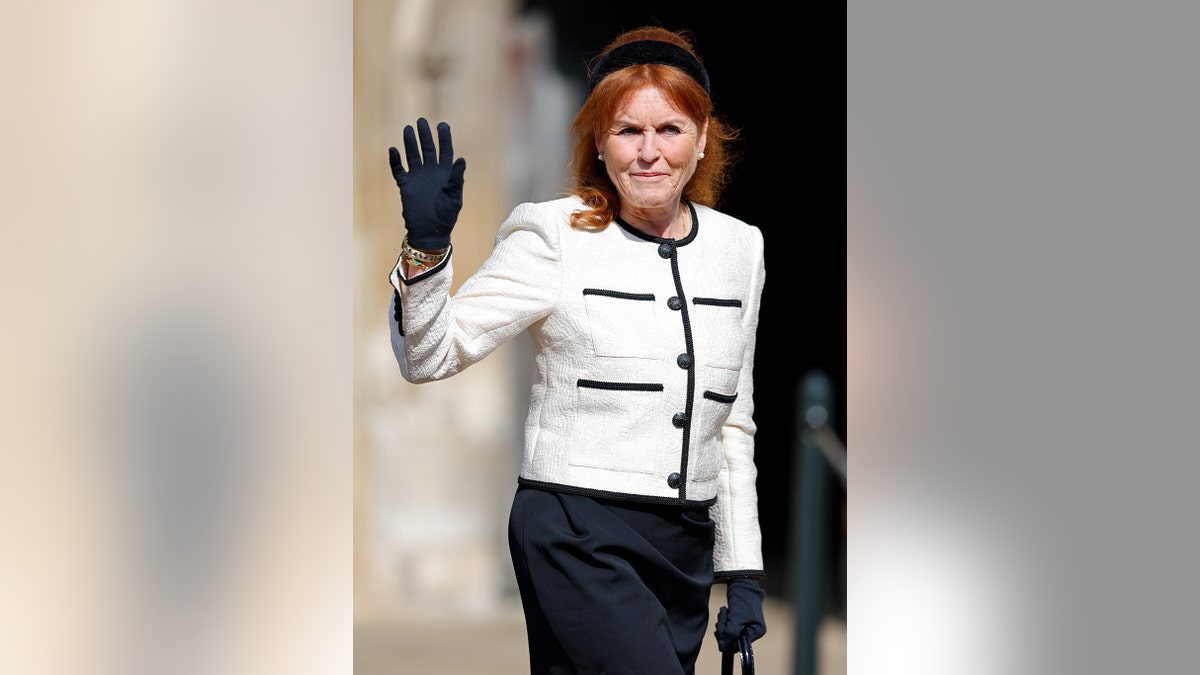Sarah Ferguson waving outside church following Easter Sunday service.