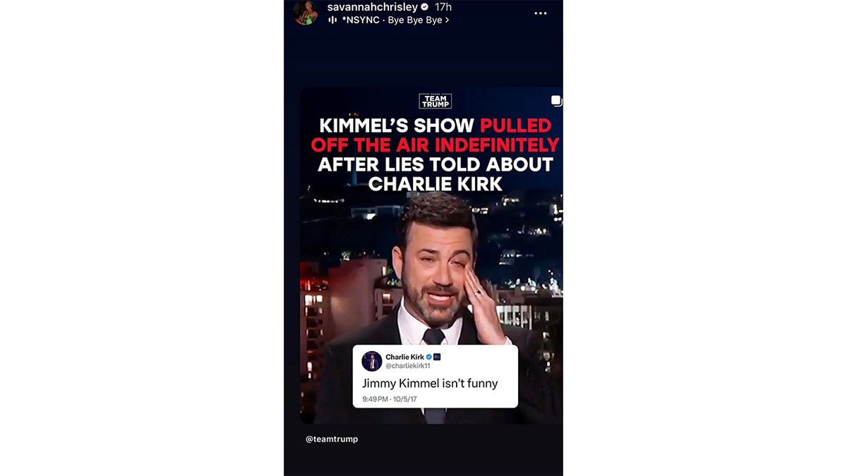 A screenshot of Savannah Chrisley’s Instagram story showing Jimmy Kimmel wiping his eye during a monologue.