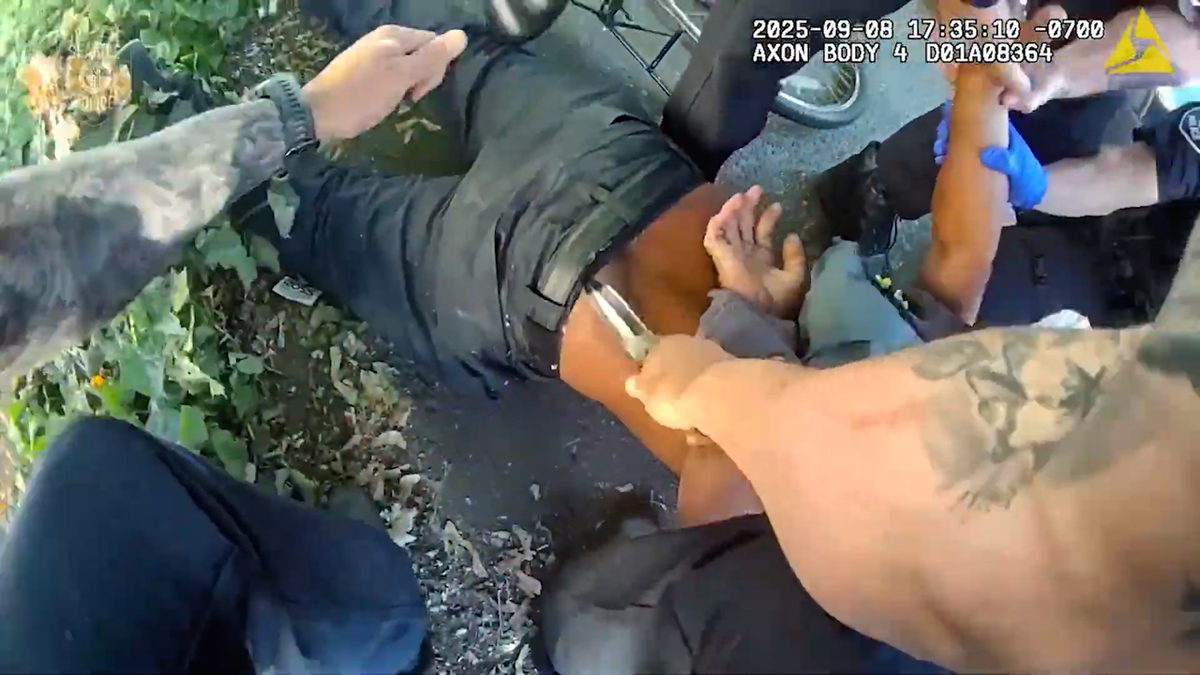 A police officer wearing bodycam retrieves a knife from the belt of a suspect who is lying prone and surrounded by officers