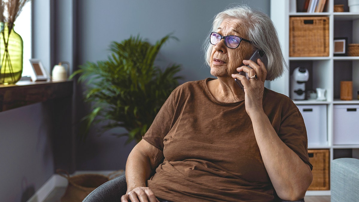 Senior retiree talking on phone indoors