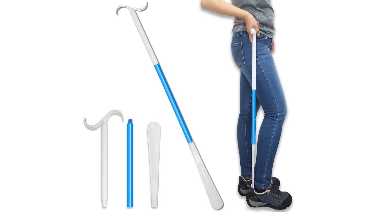 Get dressed without a struggle with the help of this long-handled shoe horn and dressing stick.