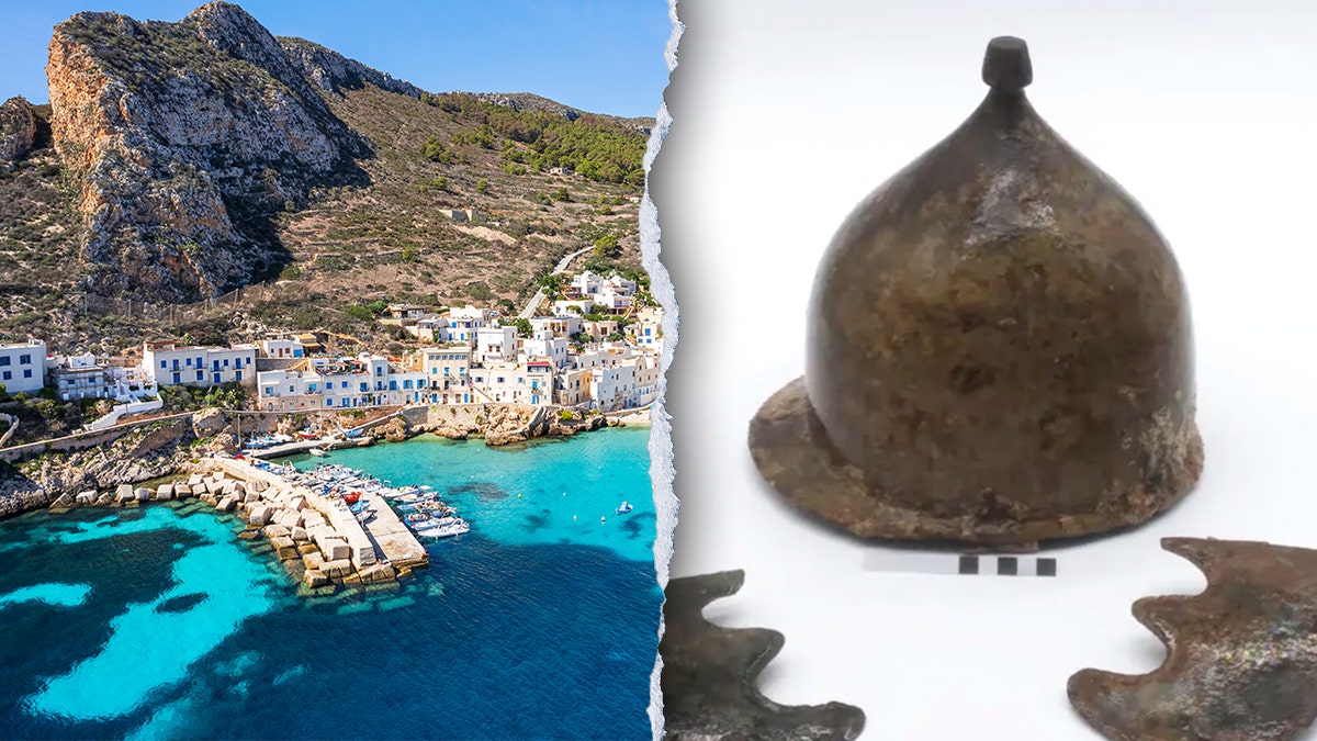 Split image of Aegates Islands, Roman helmet