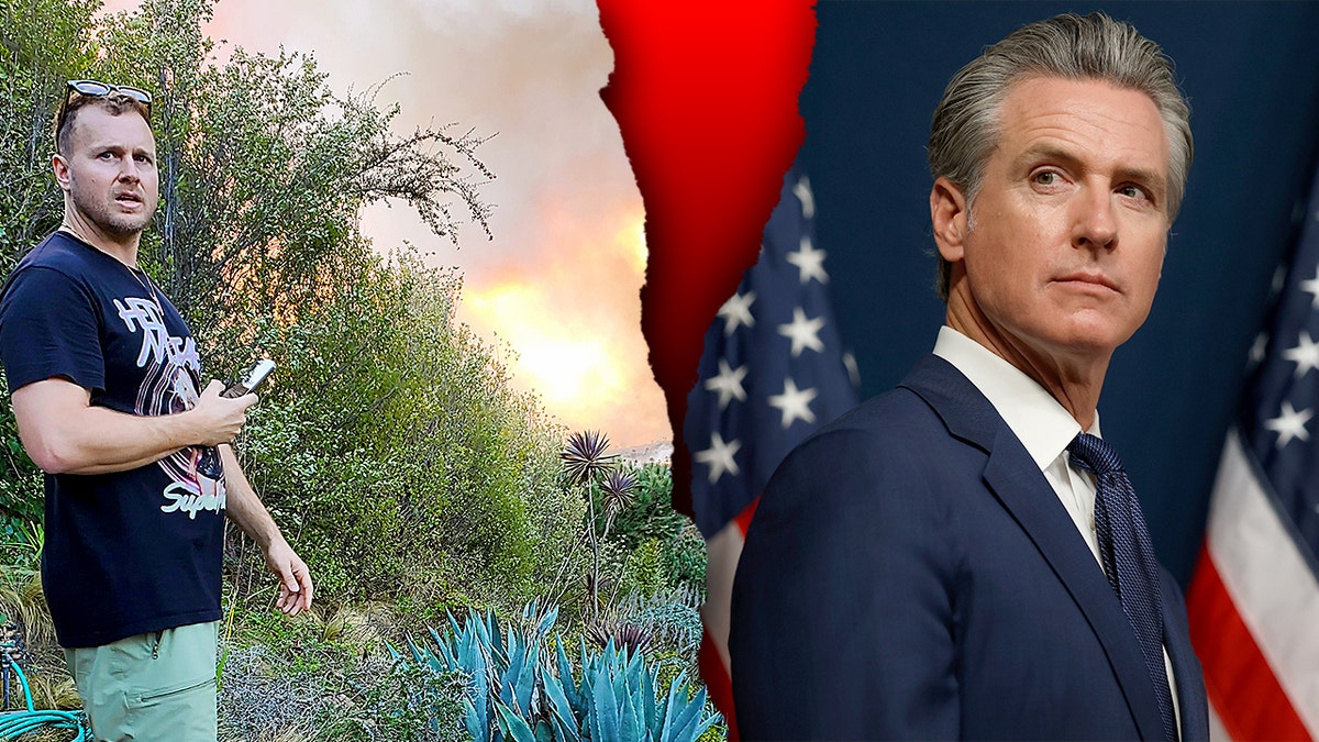 Reality TV personality Spencer Pratt looks at wildfires outside home; California Governor Gavin Newsom looks at shoulders