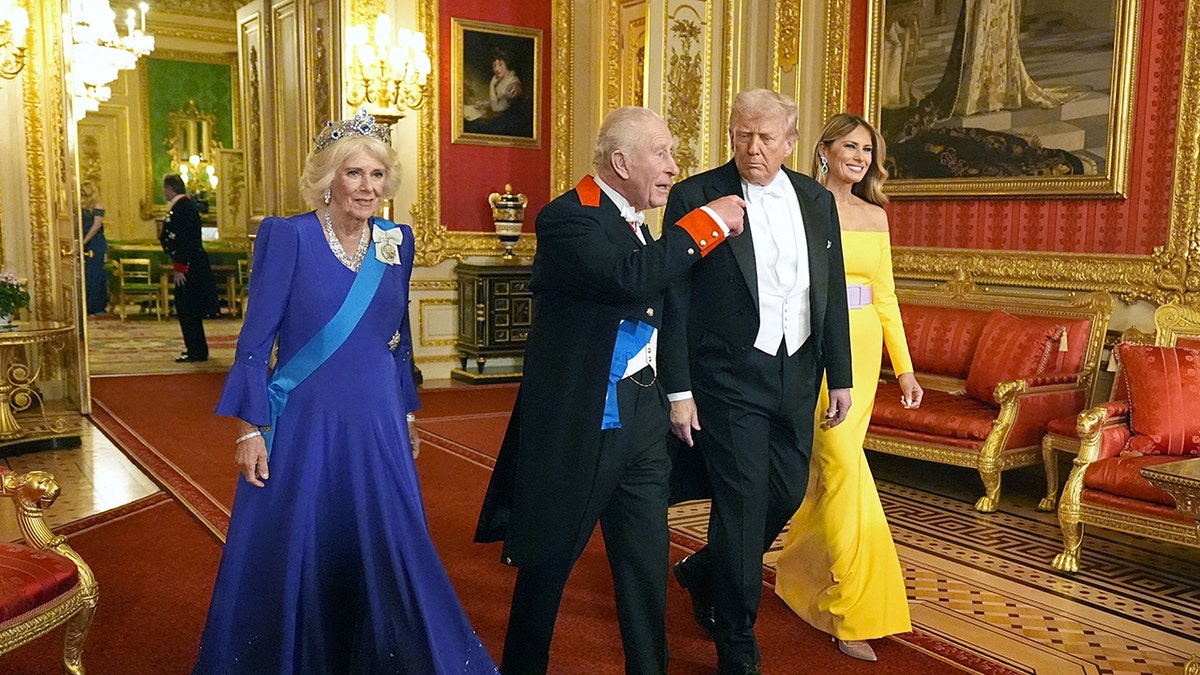 The royal family walking with President Trump and Melania Trump at the state banquet.