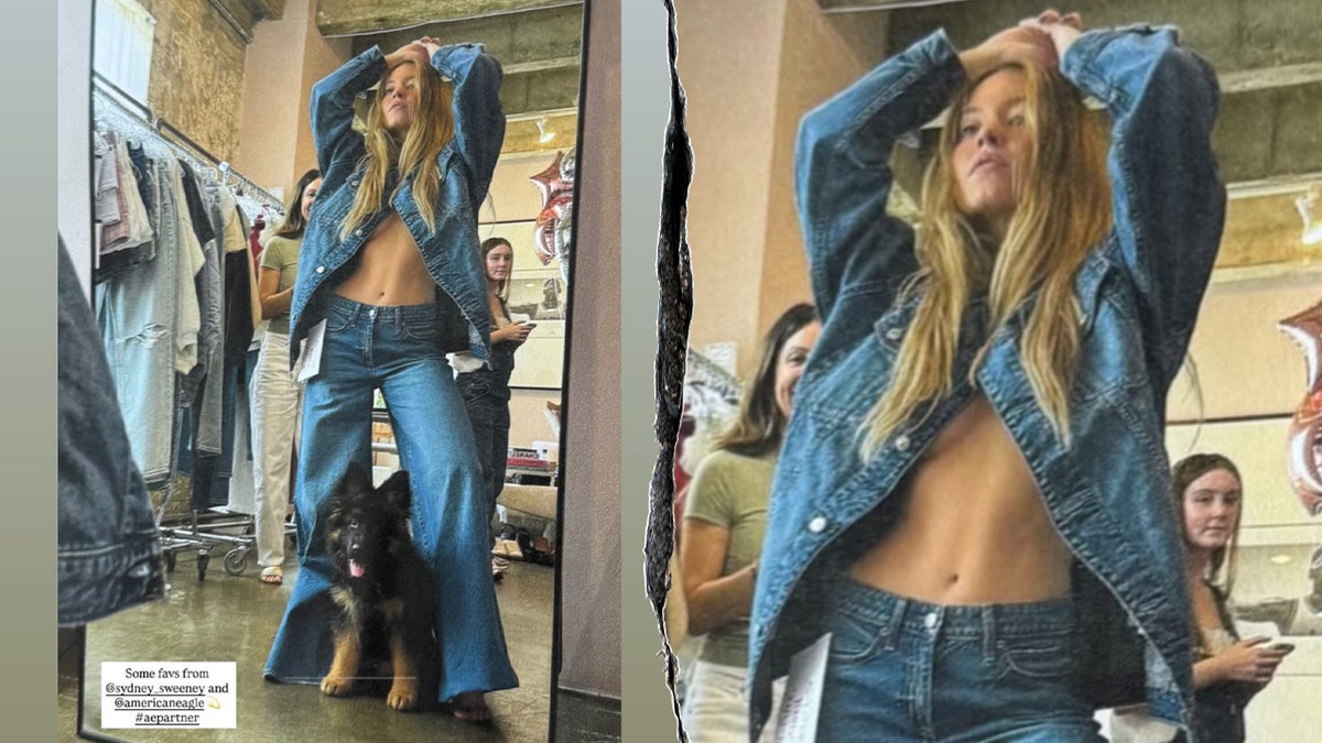 Sydney Sweeney wearing a denim jacket and wide-leg jeans.