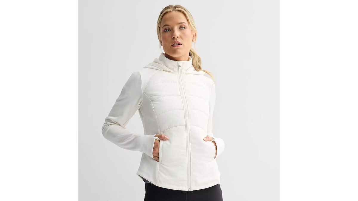 This warm jacket has reflective features.